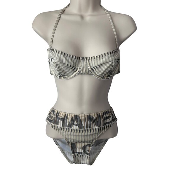 Chanel 2005 Logo CC Clasp Bikini Set Underwire Neutral Striped Size 40 Fr / 8 US - Picture 1 of 16